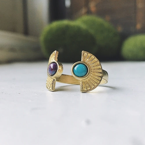 Dawn to Dusk - Two Stone Turquoise Boho Sunburst Ring