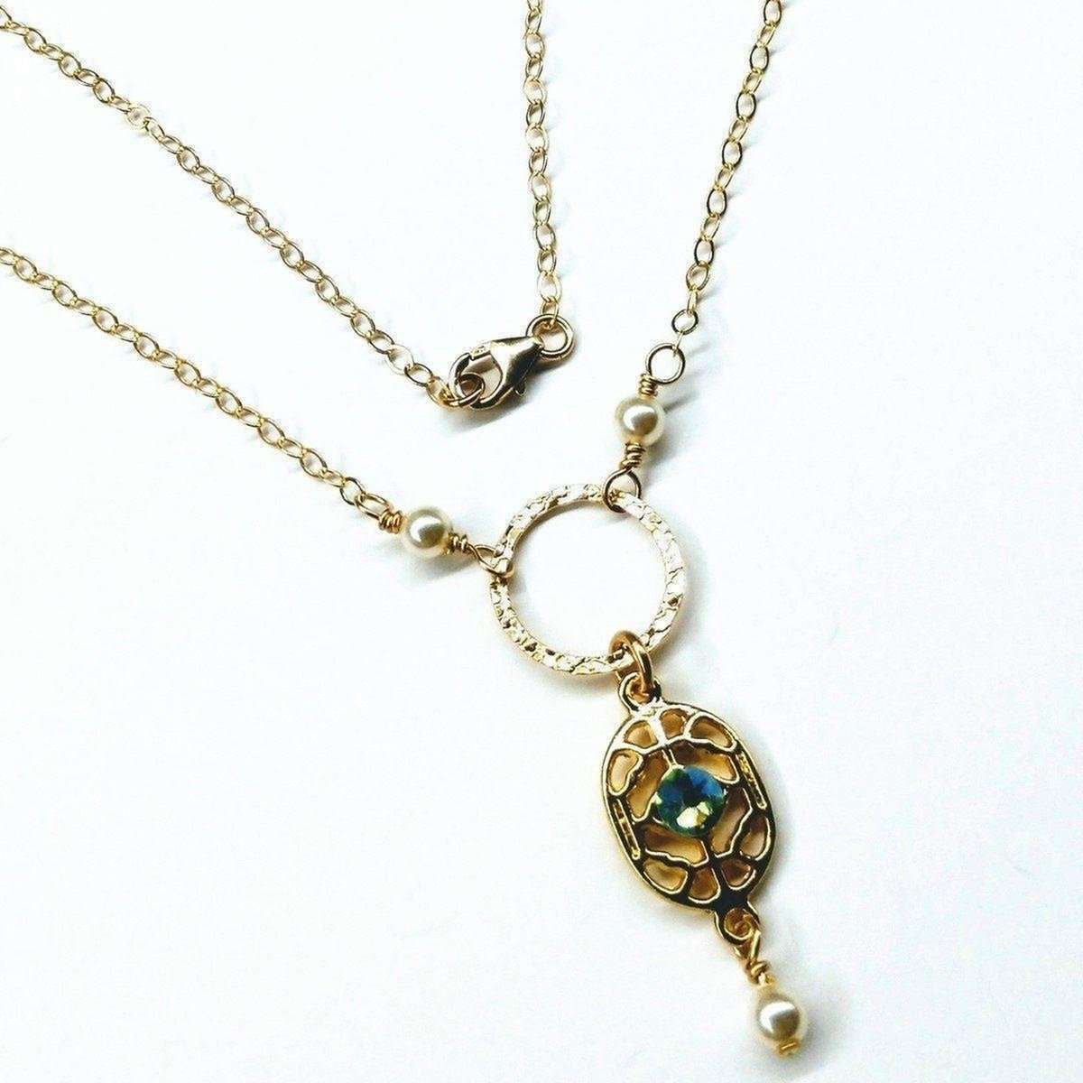 14 CT Gold-Filled Hammered Green Crystal Open Circle Filigree Necklace