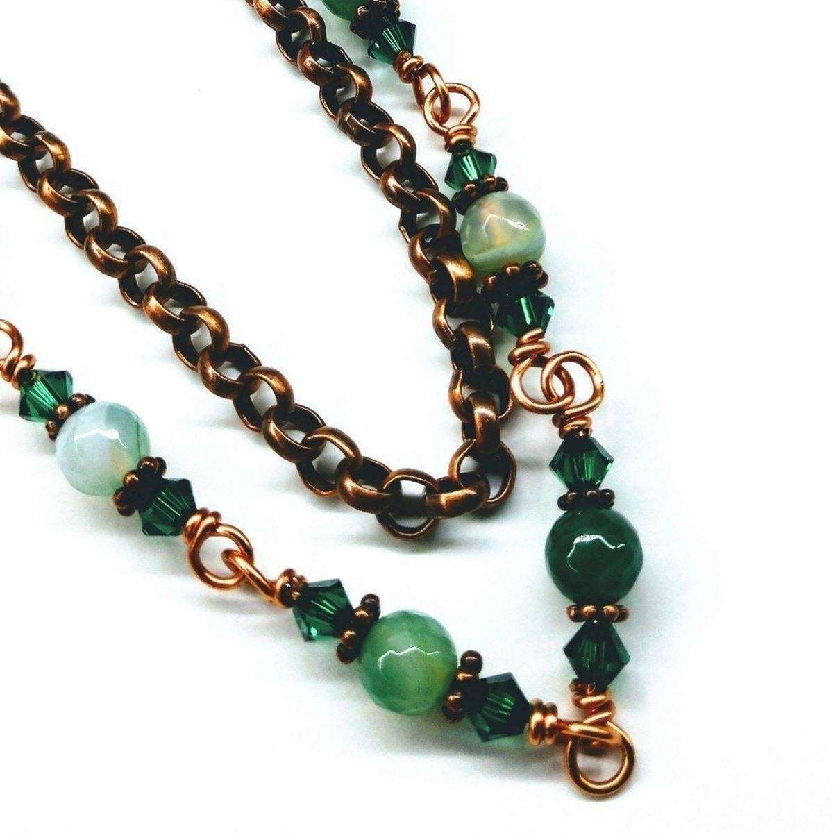 Emerald Agate Striped Gemstone Wire Wrapped Necklace 24 Inches