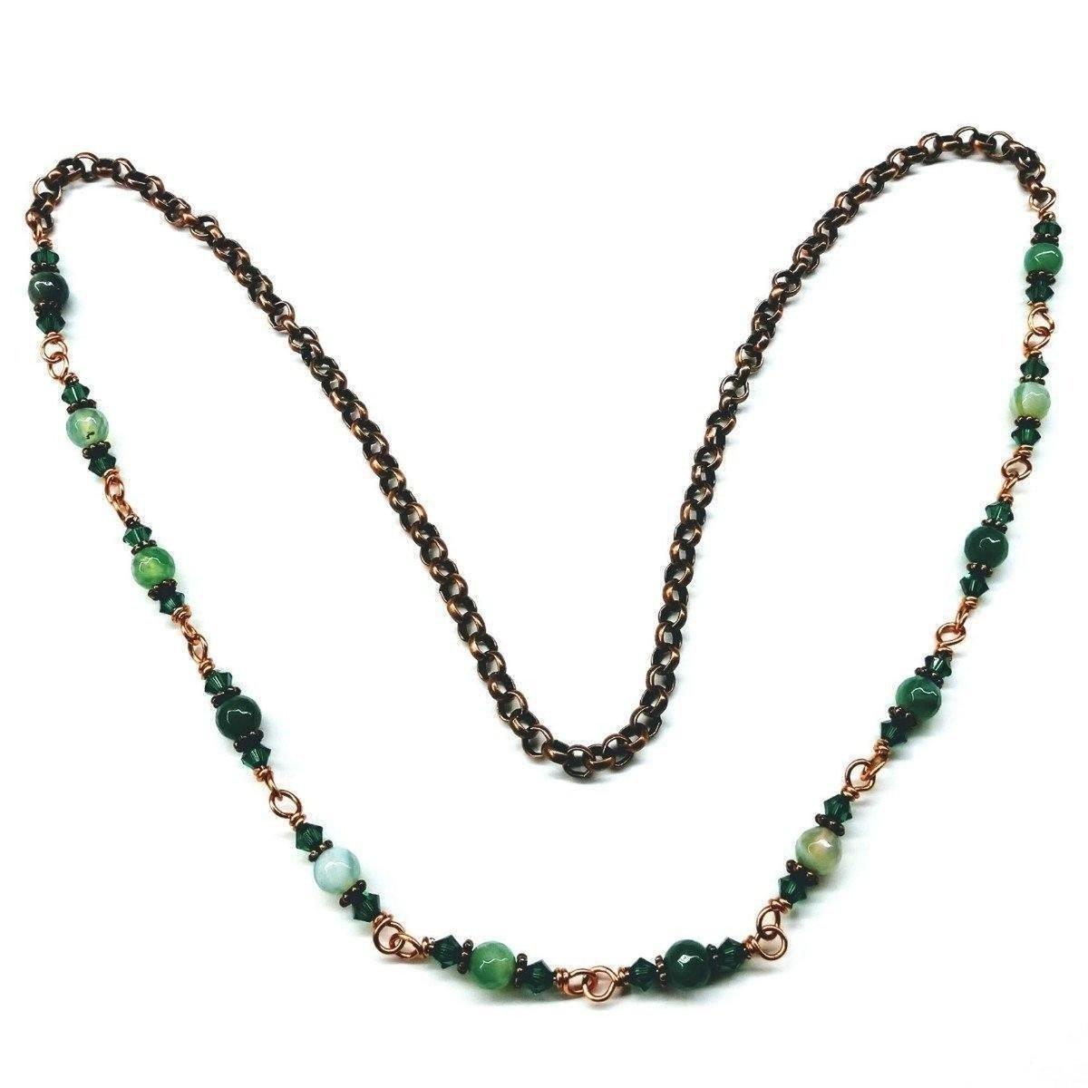 Emerald Agate Striped Gemstone Wire Wrapped Necklace 24 Inches