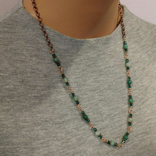 Emerald Agate Striped Gemstone Wire Wrapped Necklace 24 Inches