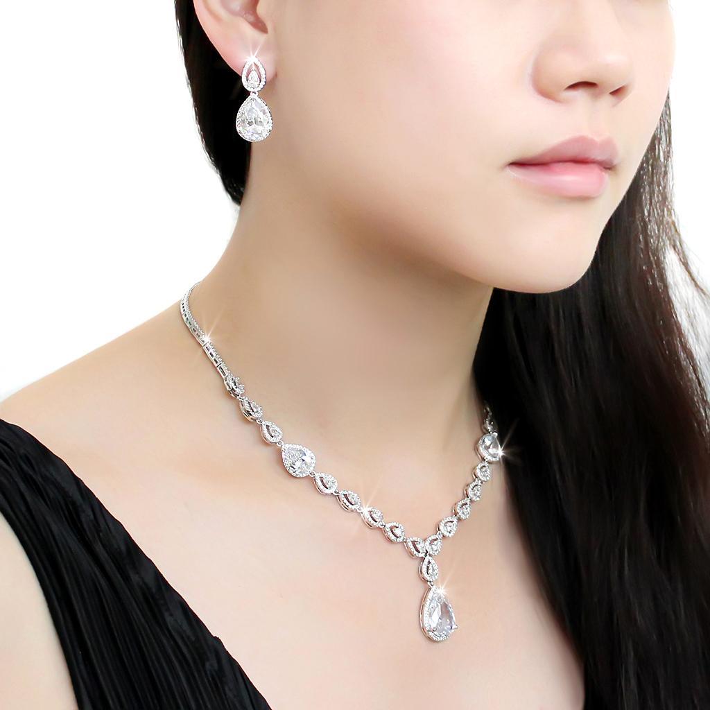 3W1427 - Rhodium Brass Jewelry Sets with AAA Grade CZ  in Clear