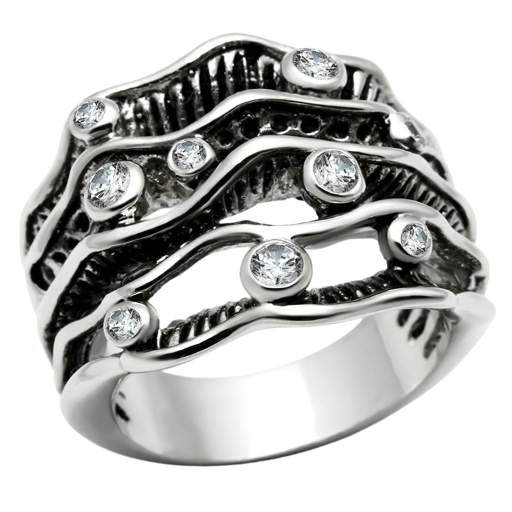 3W221 - Rhodium Brass Ring with AAA Grade CZ  in Clear