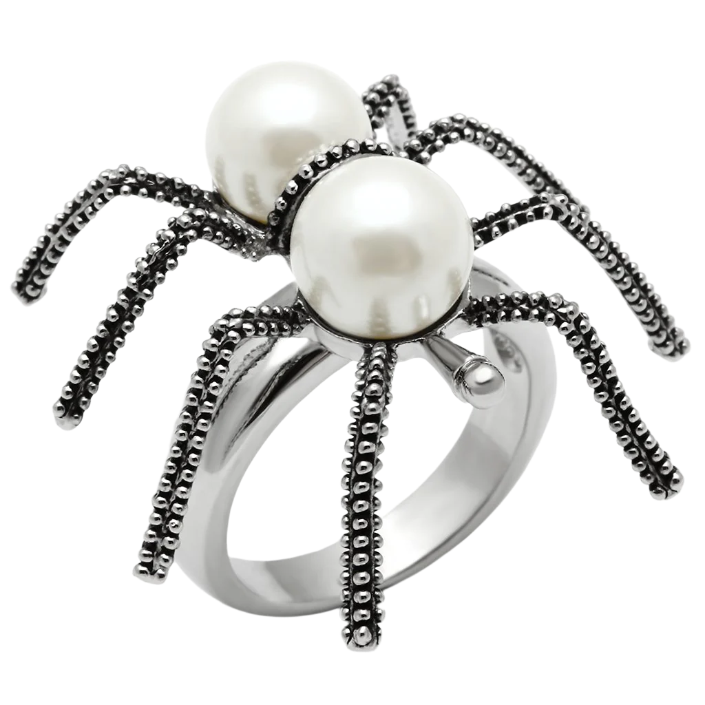 3W226 - Rhodium Brass Ring with Synthetic Pearl in White