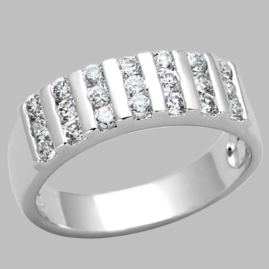 3W488 - Rhodium Brass Ring with AAA Grade CZ  in Clear