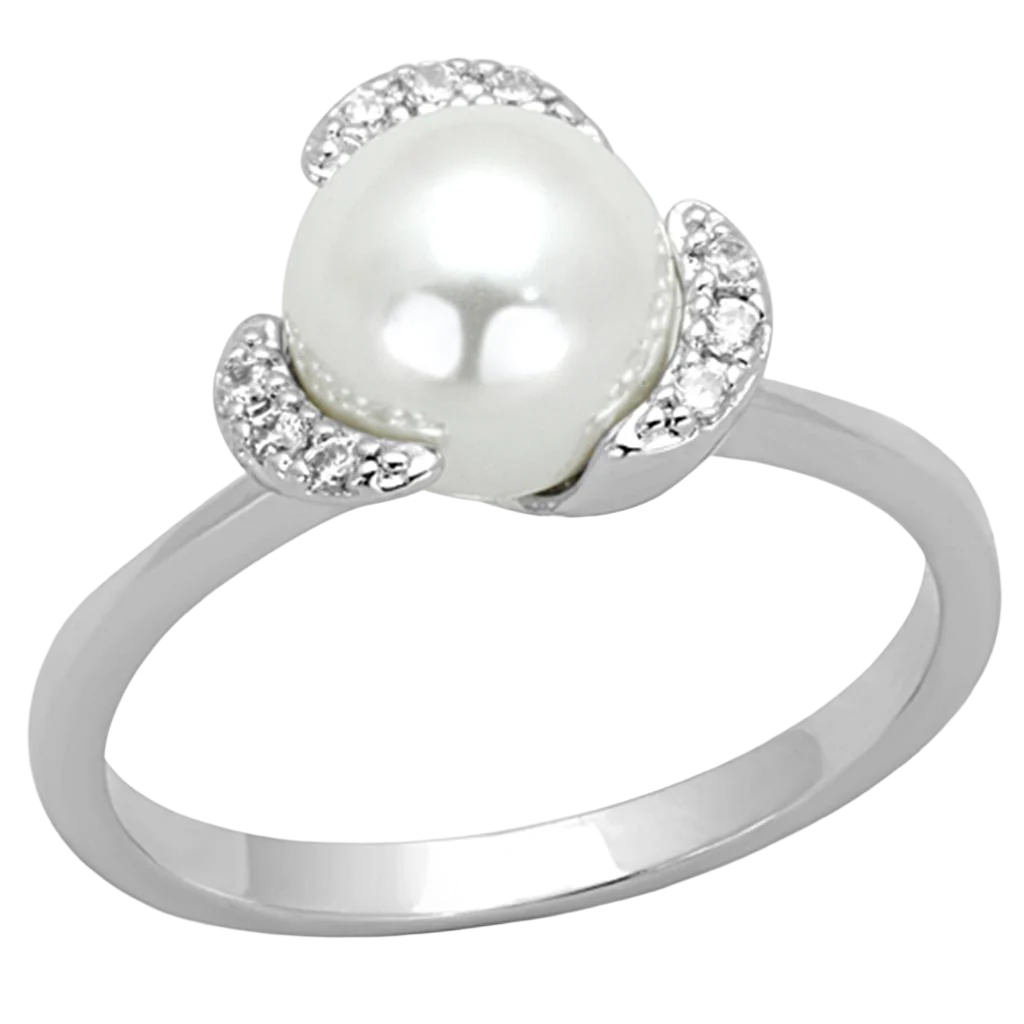 3W721 - Rhodium Brass Ring with Synthetic Pearl in White