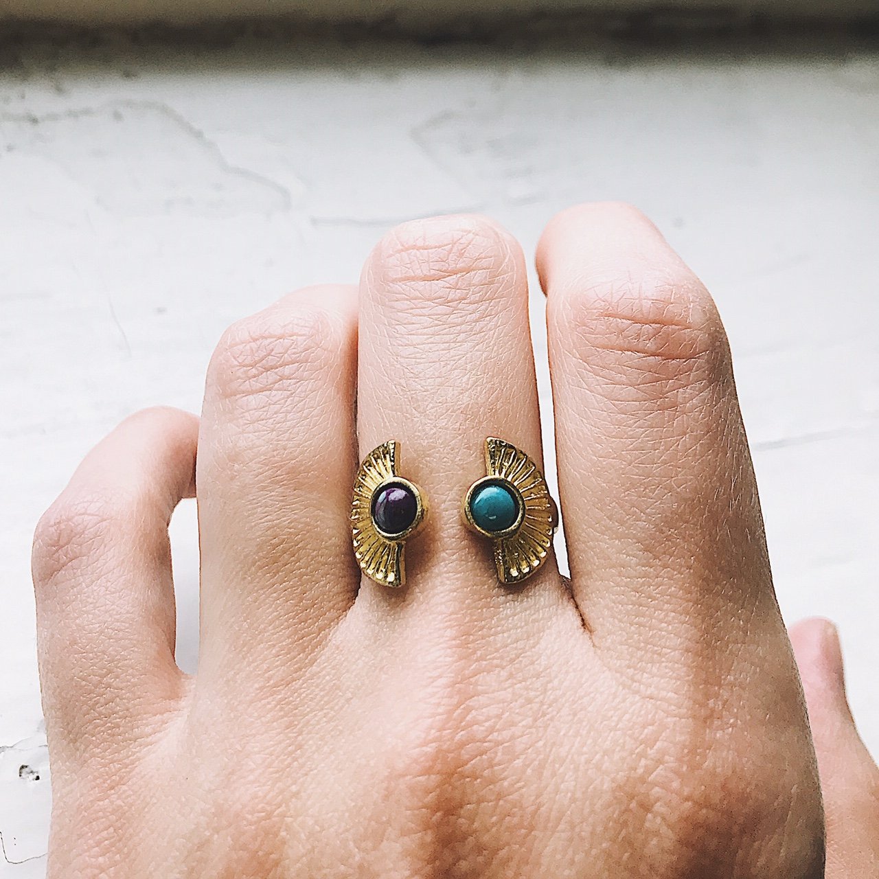 Dawn to Dusk - Two Stone Turquoise Boho Sunburst Ring