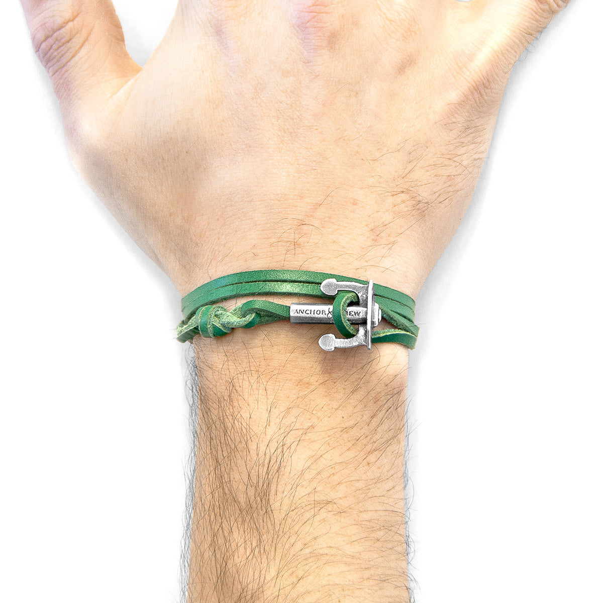 Fern Green Union Anchor Silver & Flat Leather Bracelet