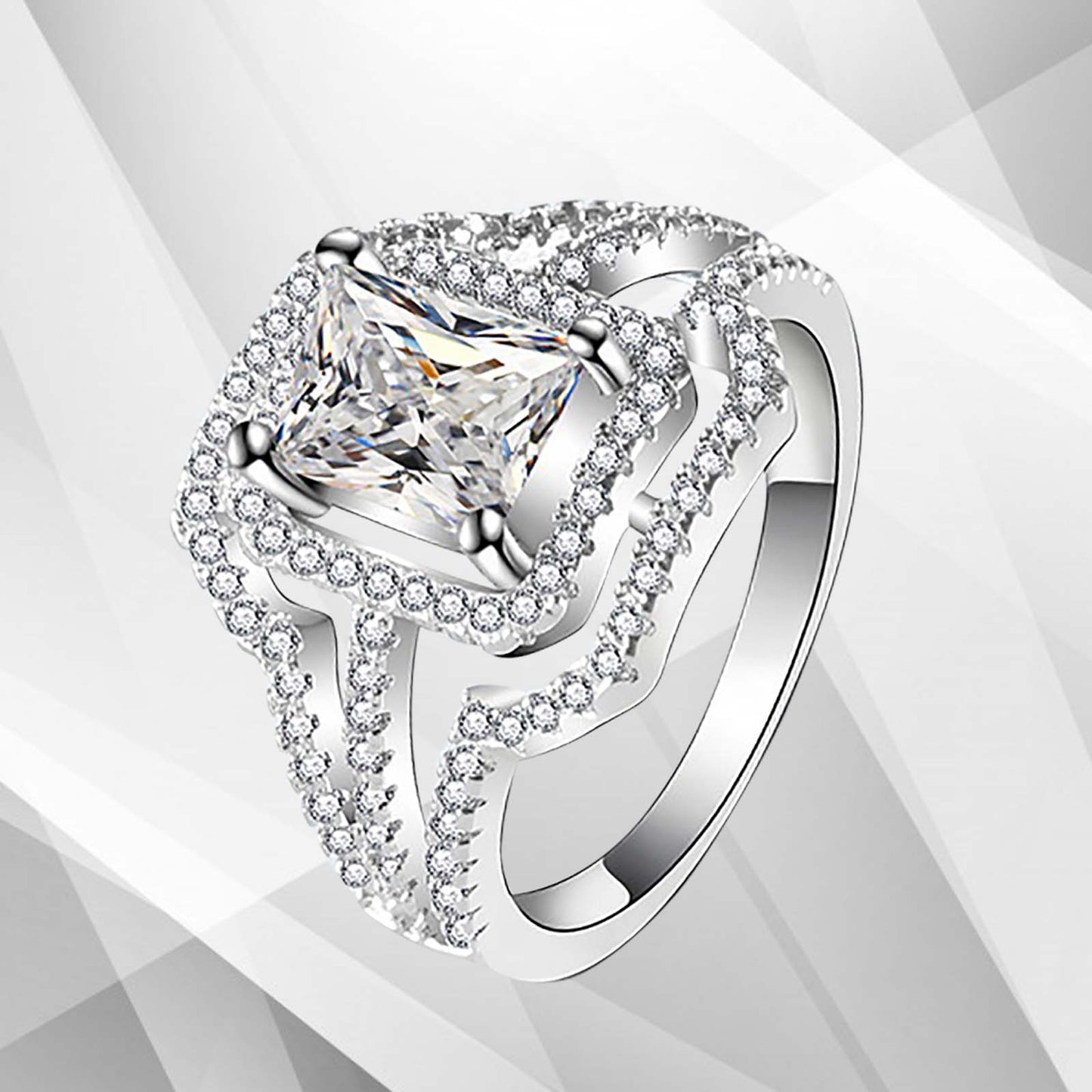 Bridal Engagement Ring 18K White 3.2Ct Square-Cut Diamond Cushion Halo