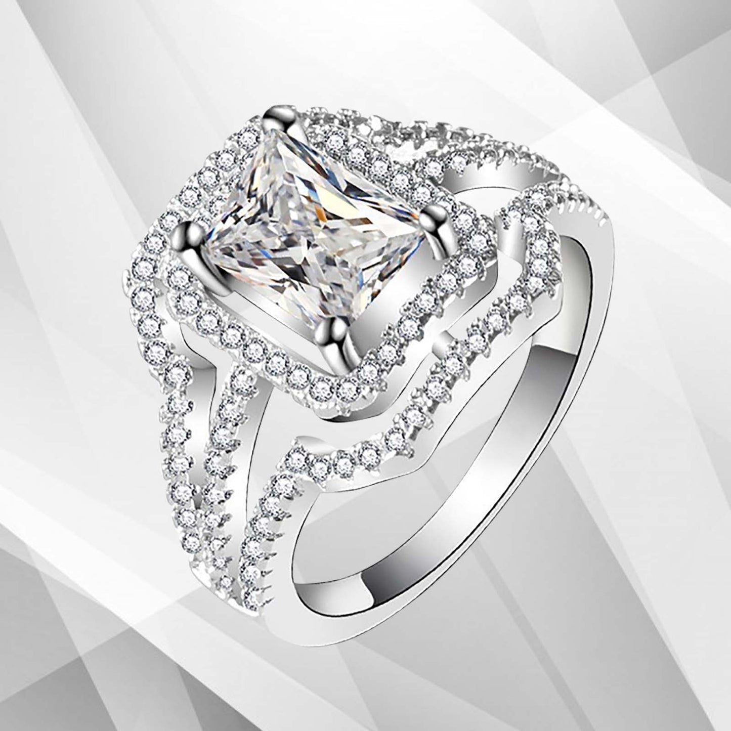 Bridal Engagement Ring 18K White 3.2Ct Square-Cut Diamond Cushion Halo