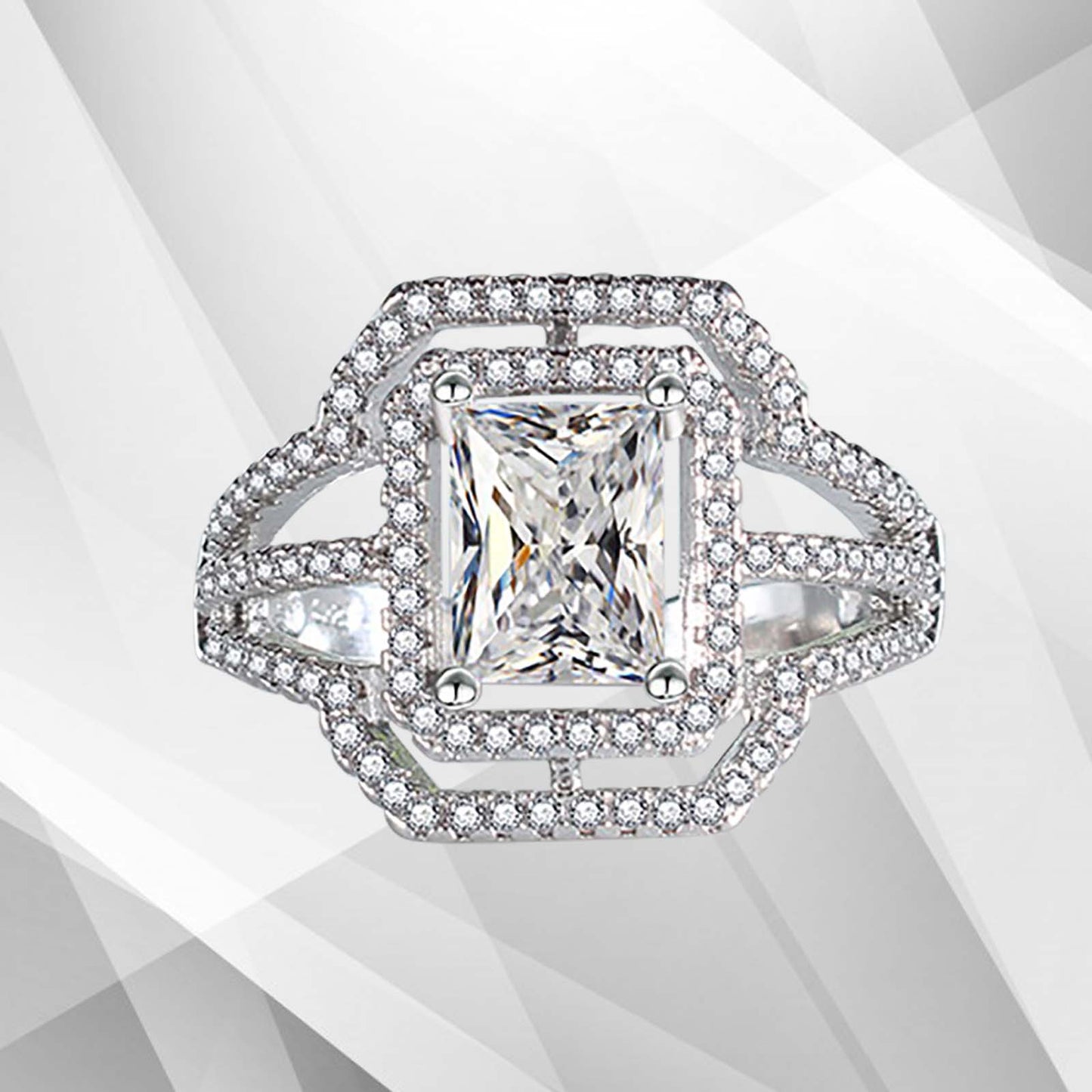 Bridal Engagement Ring 18K White 3.2Ct Square-Cut Diamond Cushion Halo