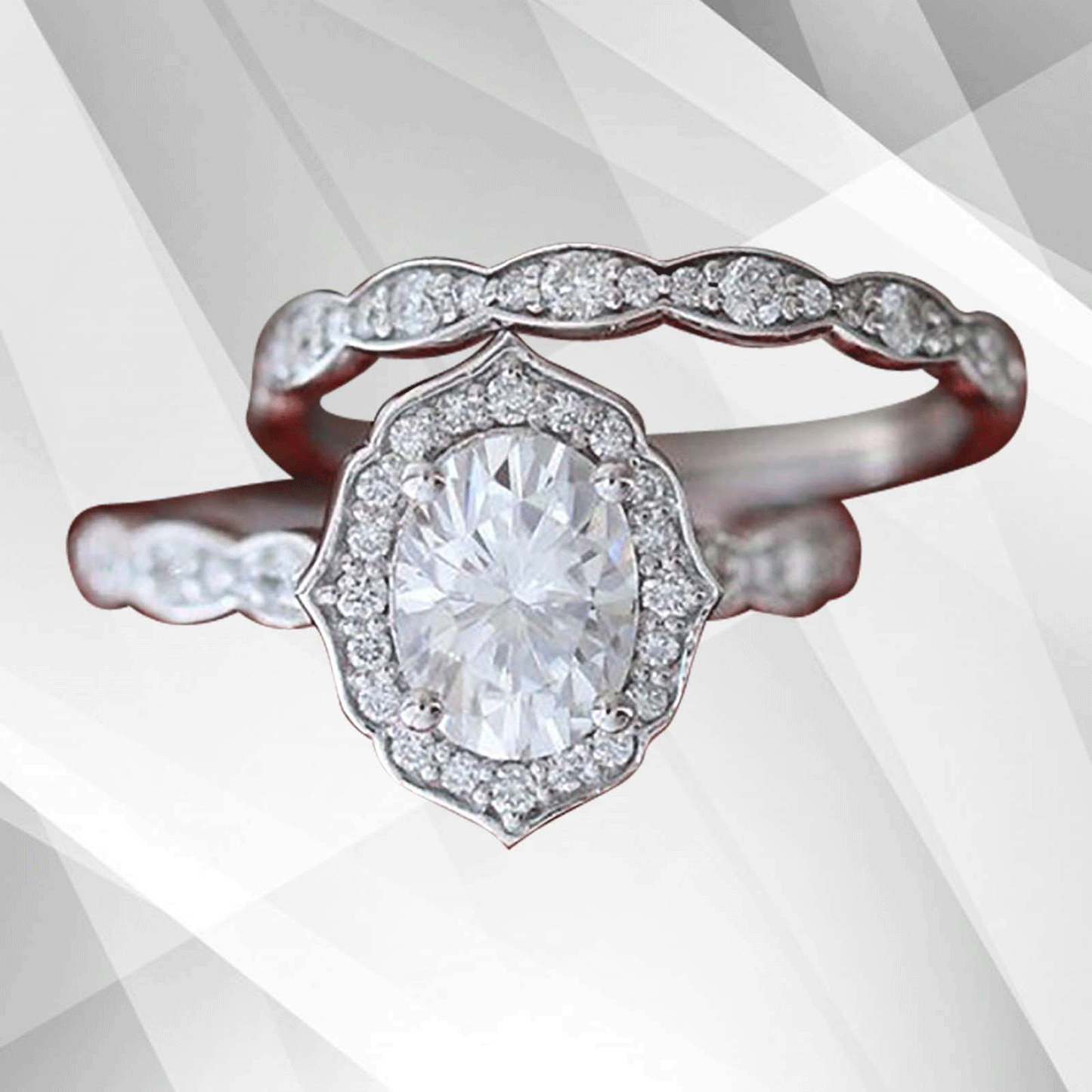 2.50Ct Oval-Cut Diamond Halo Bridal Engagement Band Ring Set 18K White