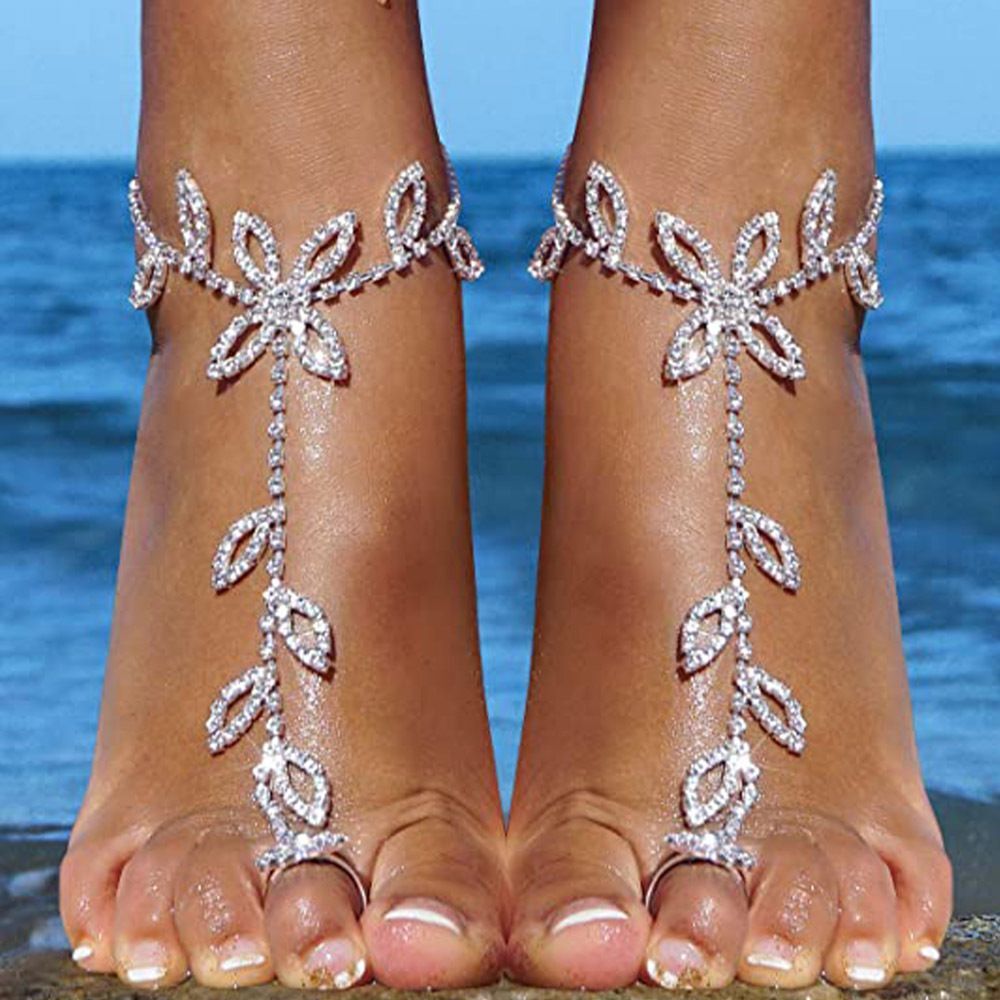 Wedding Jewelry Anklet with Rhinestone Toe Ring Leaf Bridal