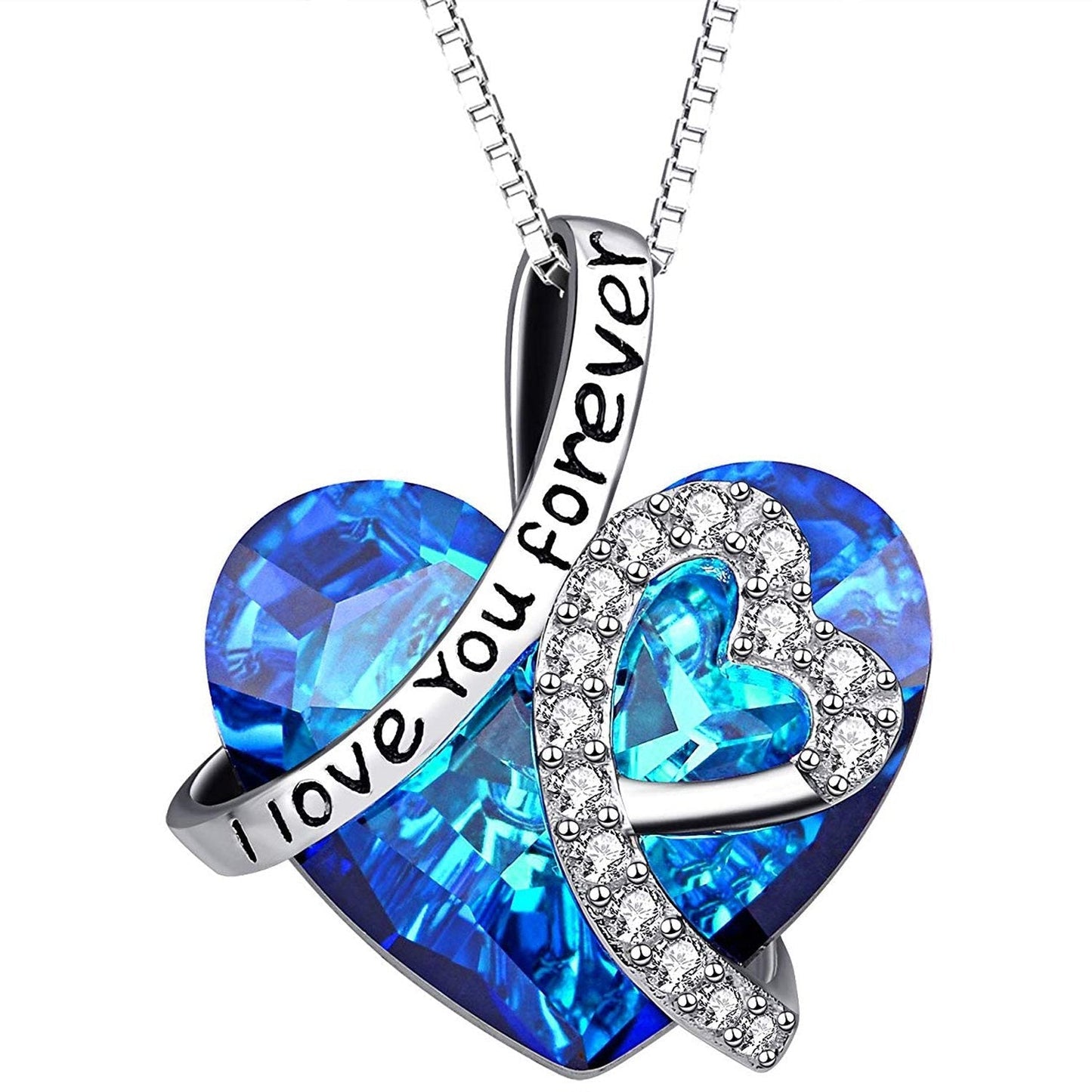 I LOVE YOU FOREVER Blue  Crystal Heart Necklace