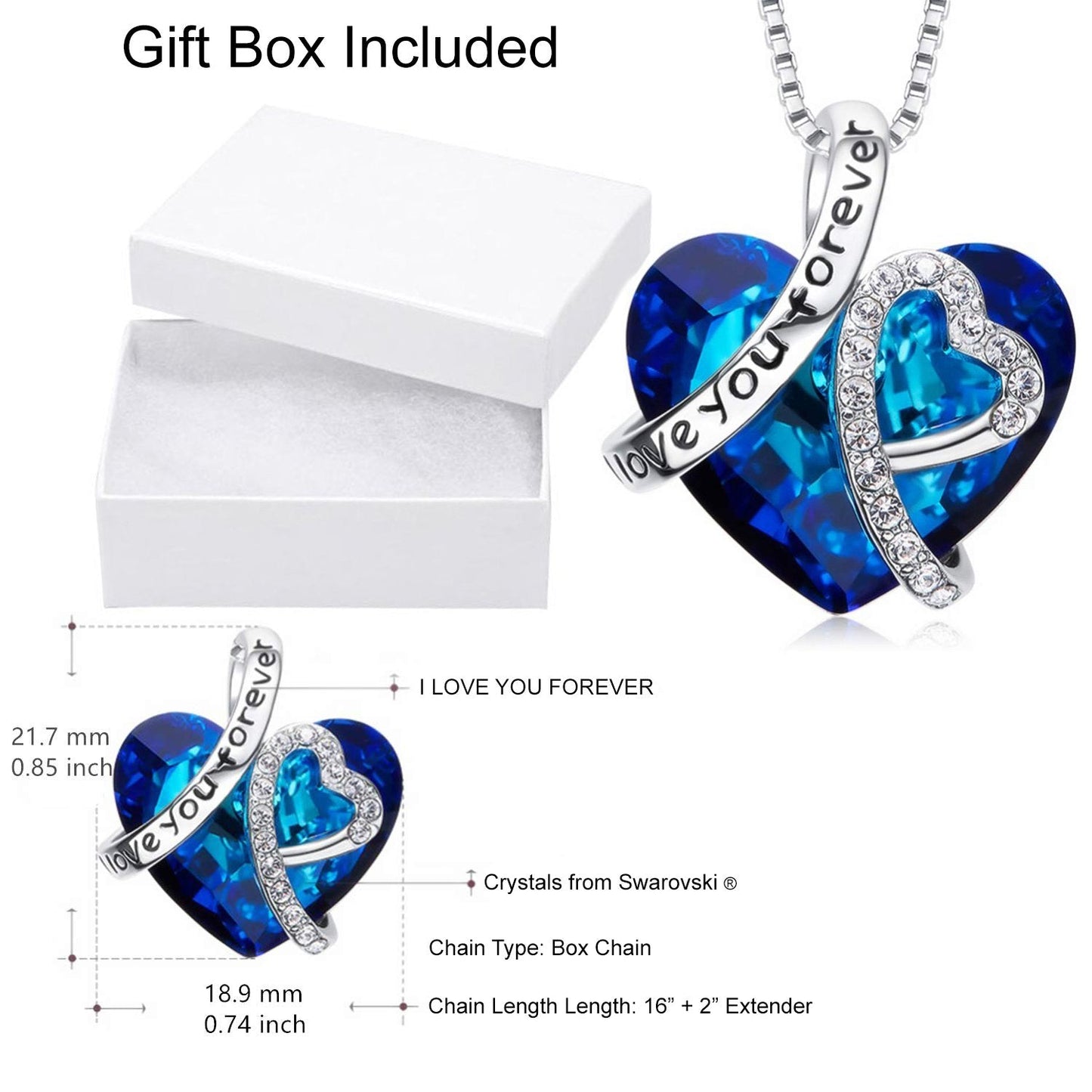 I LOVE YOU FOREVER Blue  Crystal Heart Necklace