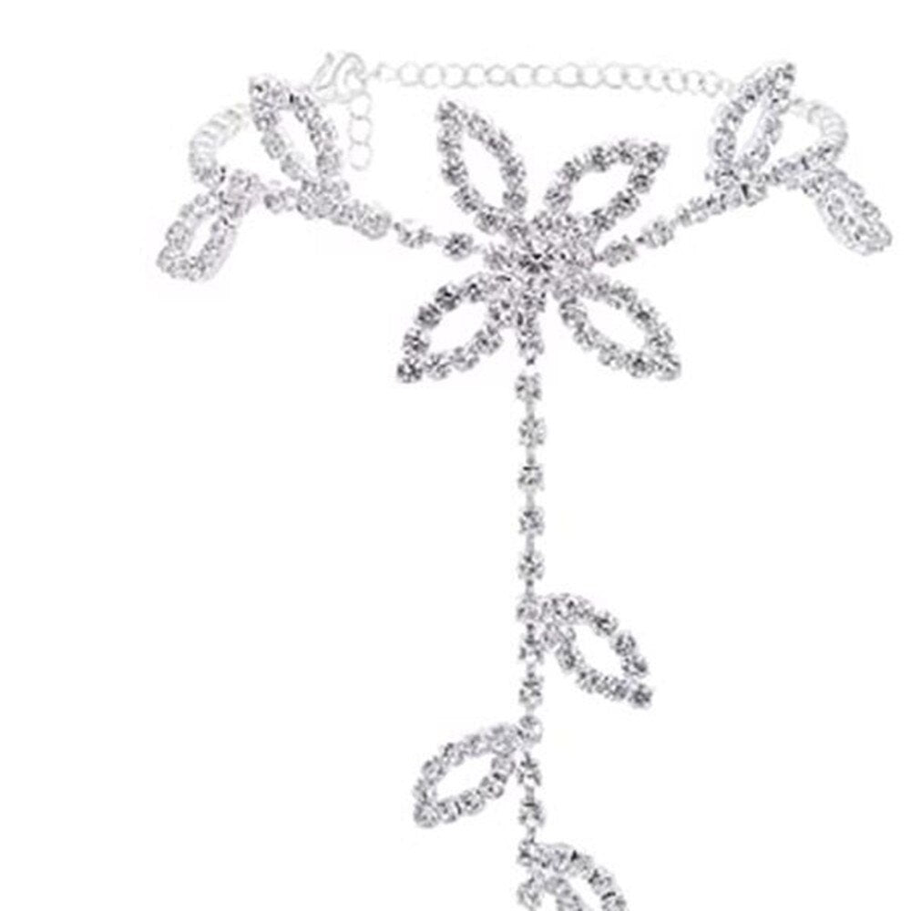 Wedding Jewelry Anklet with Rhinestone Toe Ring Leaf Bridal