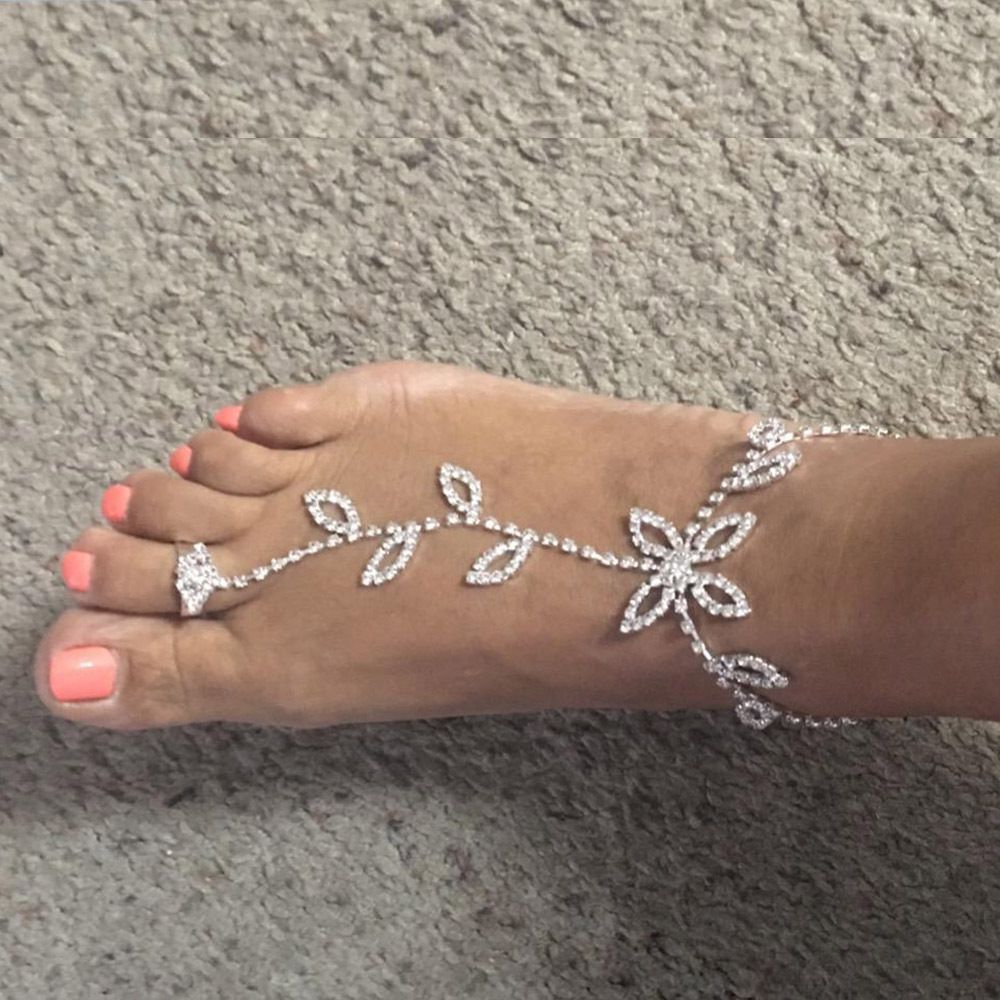 Wedding Jewelry Anklet with Rhinestone Toe Ring Leaf Bridal