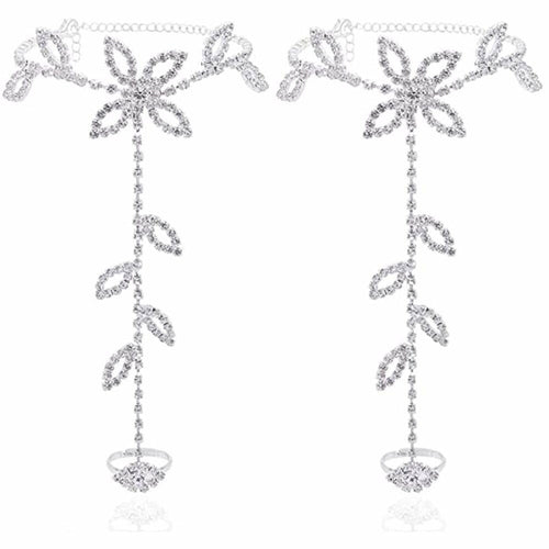 Wedding Jewelry Anklet with Rhinestone Toe Ring Leaf Bridal