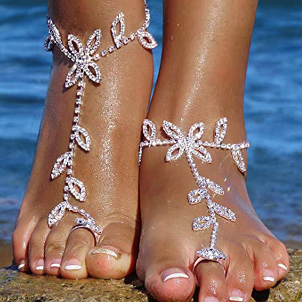 Wedding Jewelry Anklet with Rhinestone Toe Ring Leaf Bridal