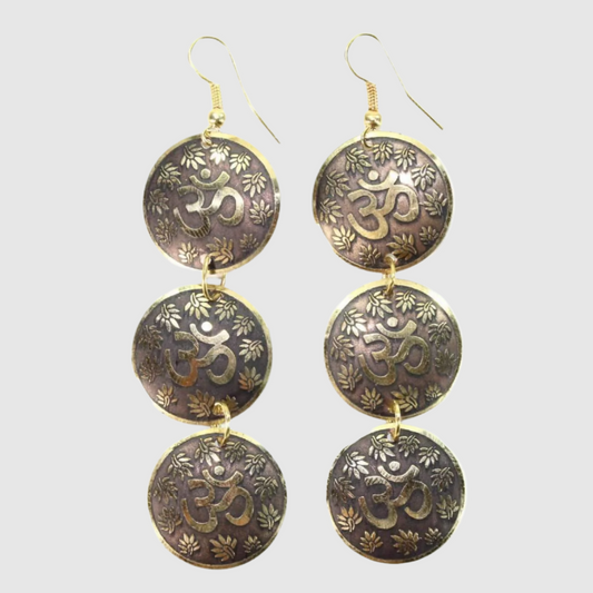 Three Tier Om Earrings with Lotus Petals