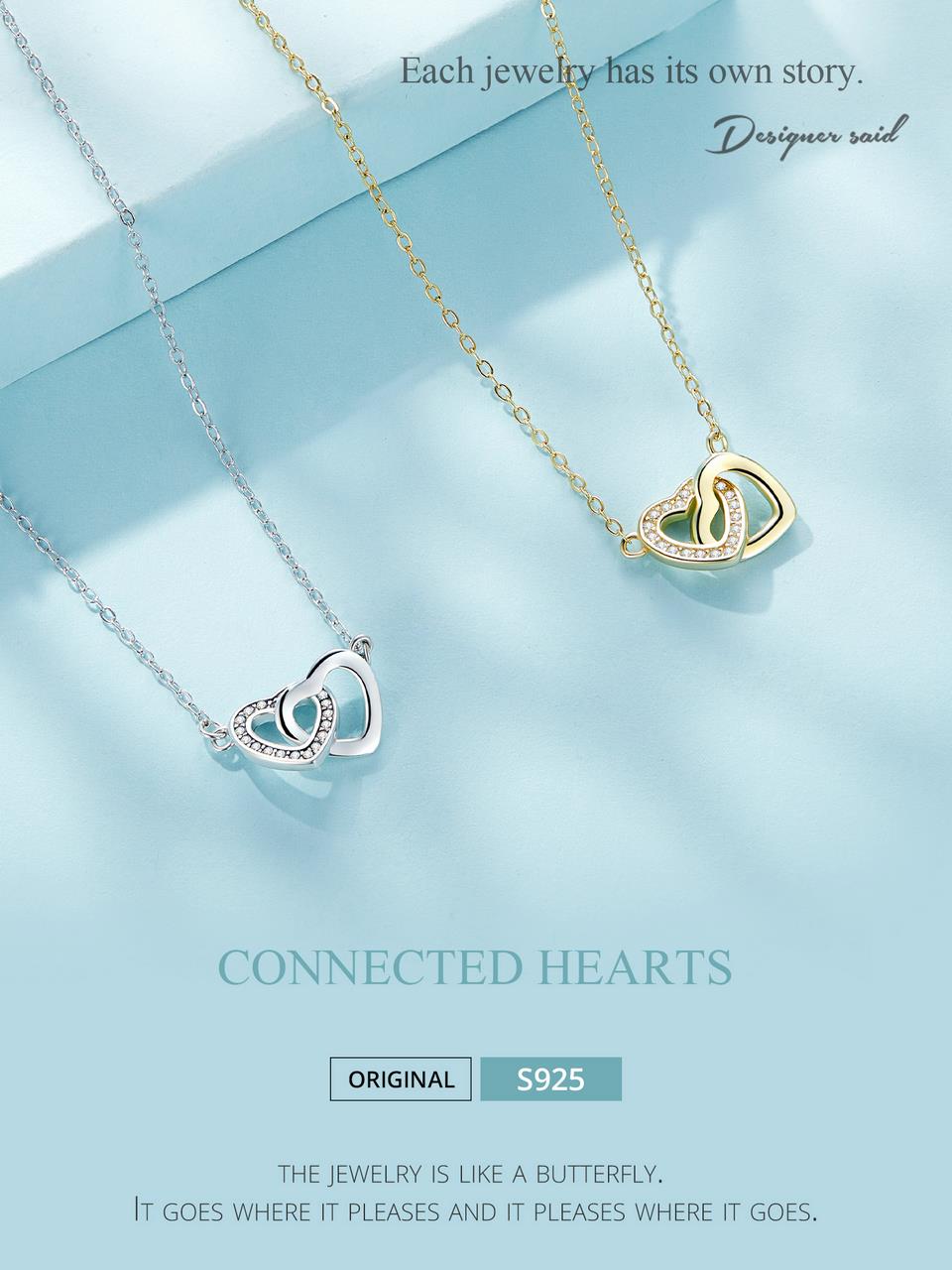 BAMOER 925 Sterling Silver Connected Heart Pendant Necklace for Girlfriend Valentine's Day Gift Fine Jewelry SCN181