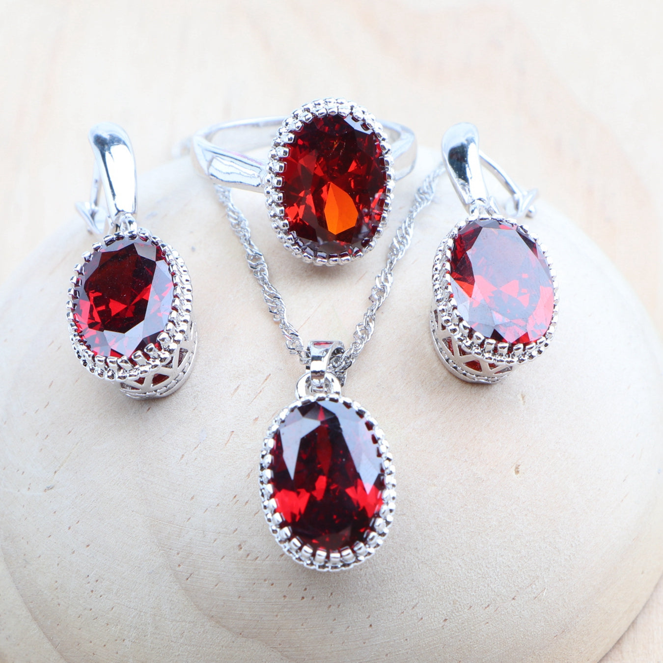 925 Silver Bridal Jewelry Sets Red Zirconia For Women Wedding Necklace Earrings Rings Bracelets Pendant