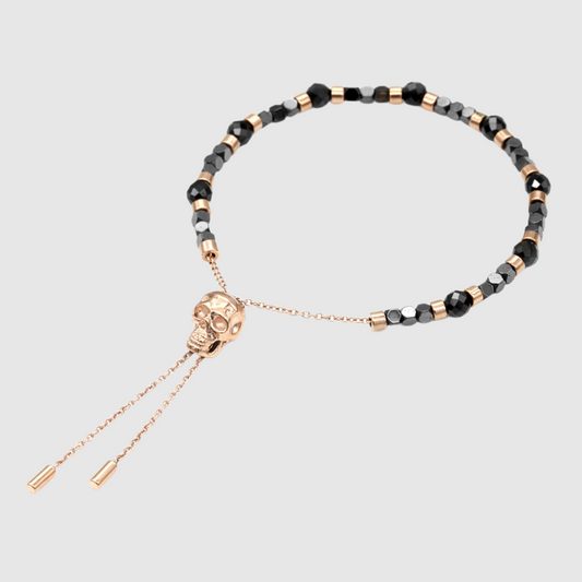 Black Spinel beads Rose Gold skull pull-chain bracelet