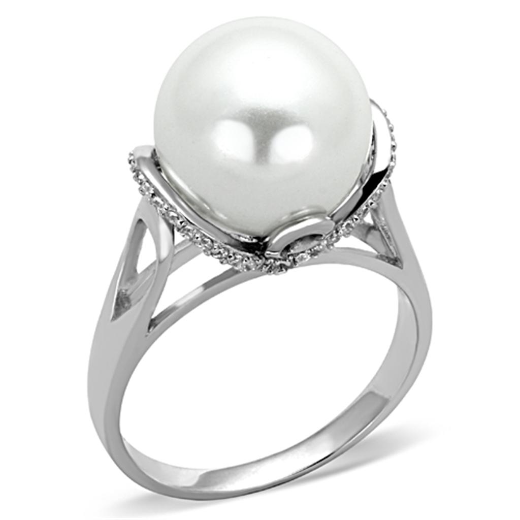 TS154 - Rhodium Ring with Synthetic Pearl in White