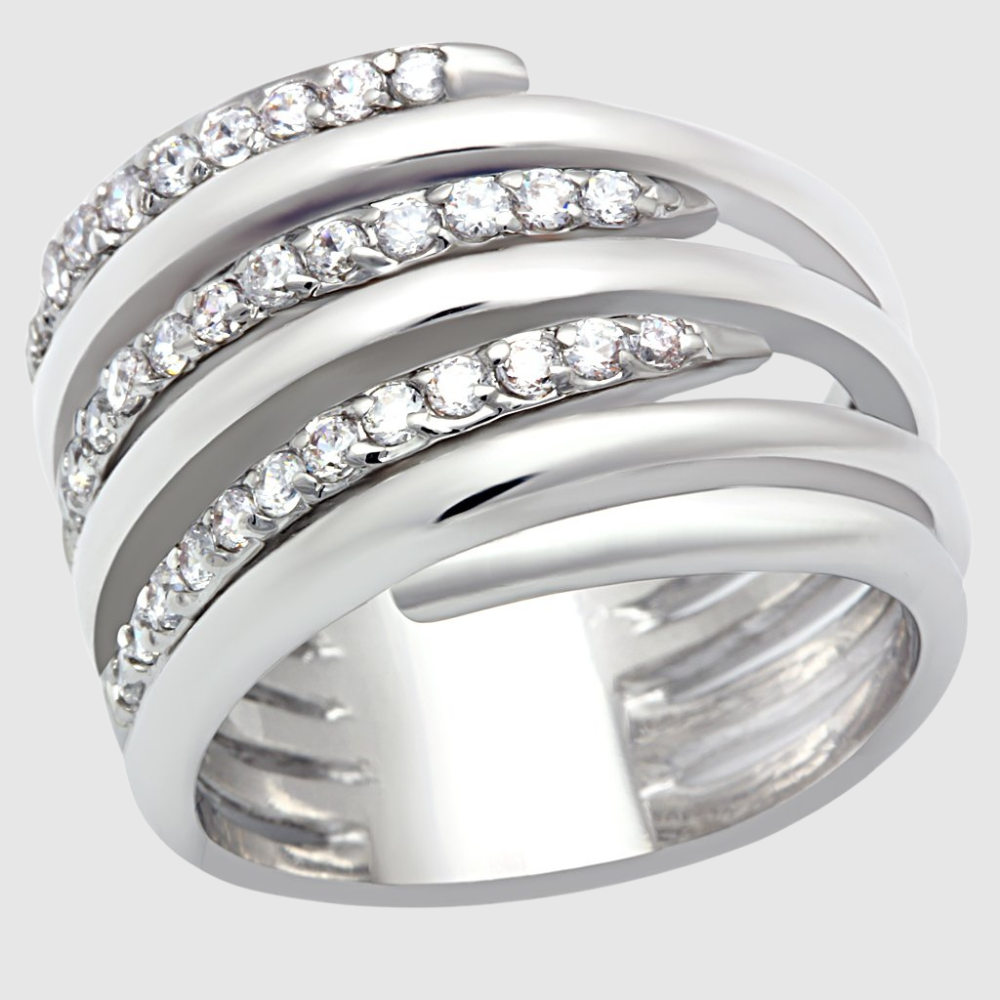 LO2075 - Rhodium Brass Ring with AAA Grade CZ  in Clear