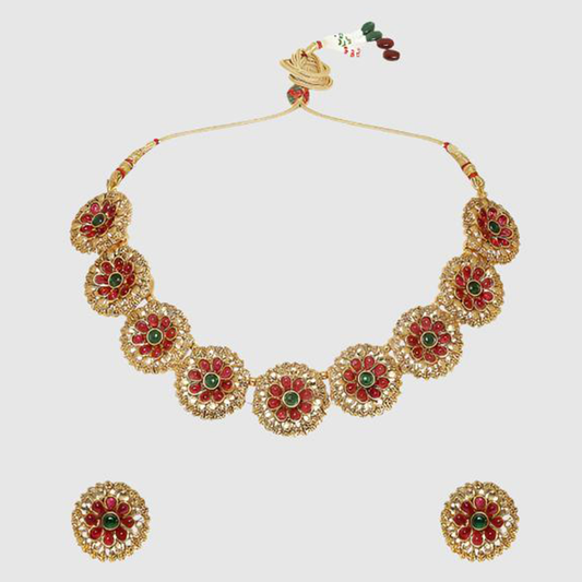 Antique Gold Tone Red & Green Stones Necklace Set with Drop Earrings