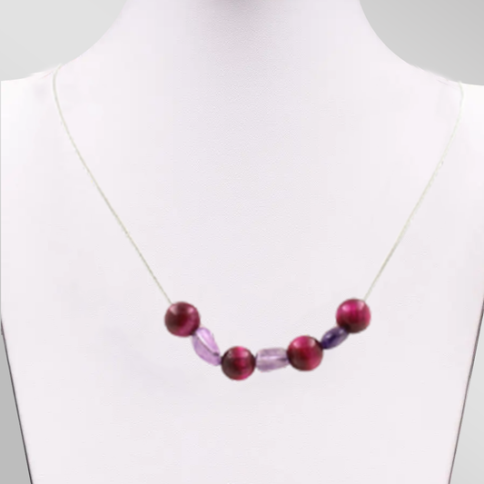 Amethyst + fuchsia Tiger's Eye 8 mm 7 beads necklace.