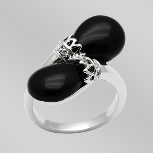 3W195 - Rhodium Brass Ring with Semi-Precious Onyx in Jet