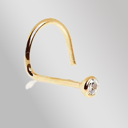 14Kt Yellow Gold Screw Nose Ring with Press Fit CZ