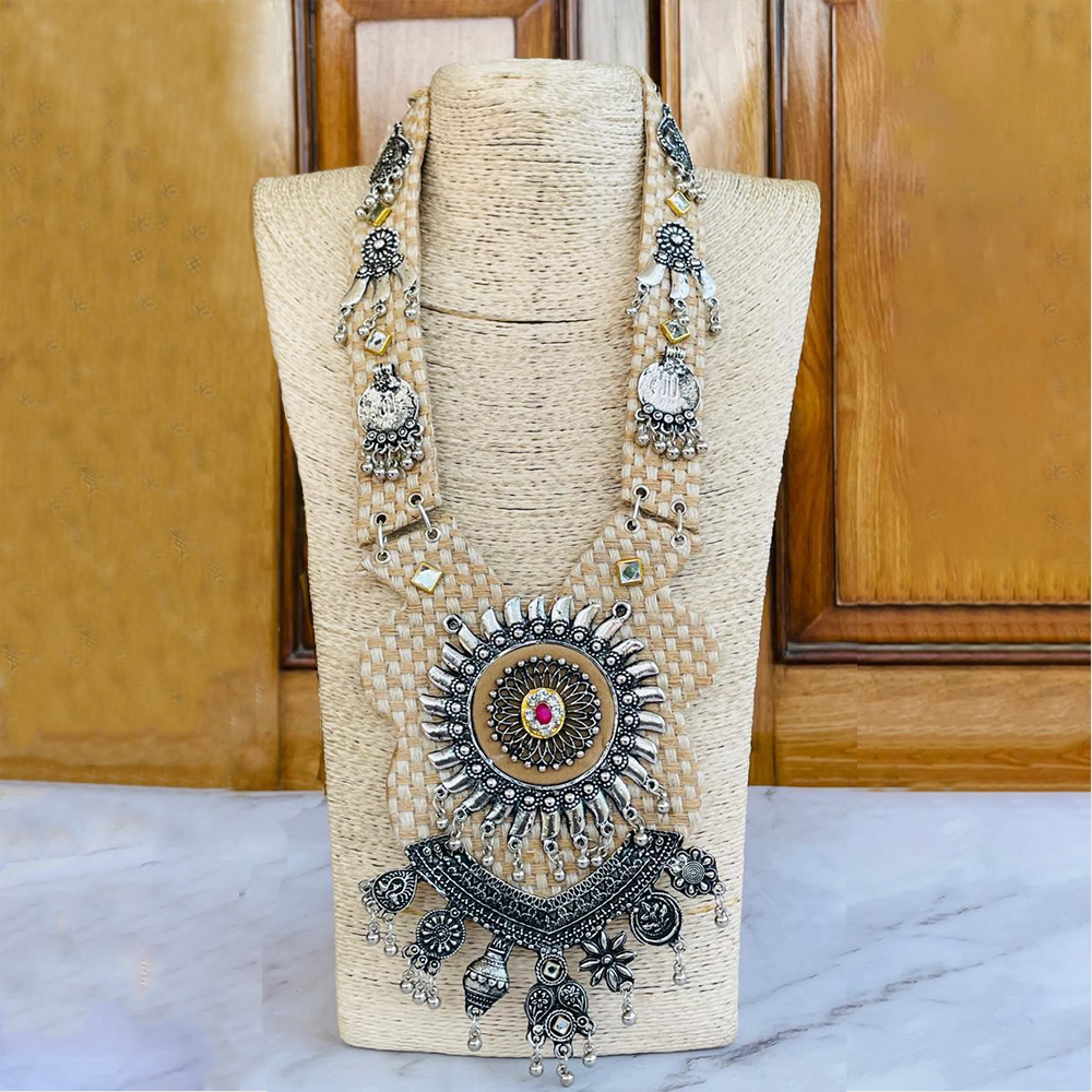 Silver-Plated Kundan & Ghungroo Oxidised Necklace