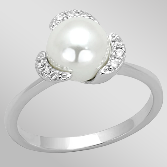 3W721 - Rhodium Brass Ring with Synthetic Pearl in White