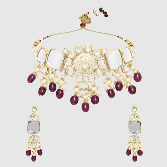 Wine Burgundy Maroon Beads & Kundan Choker Necklace Set with Drop