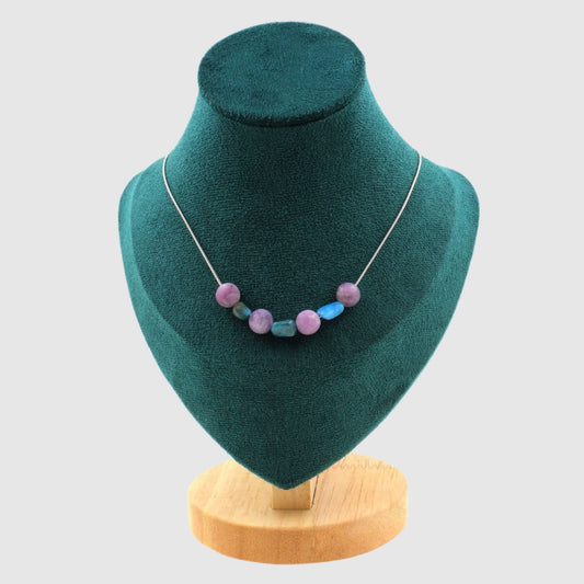 Blue apatite from Brazil + Matte purple Mica 7 beads 8 mm necklace.