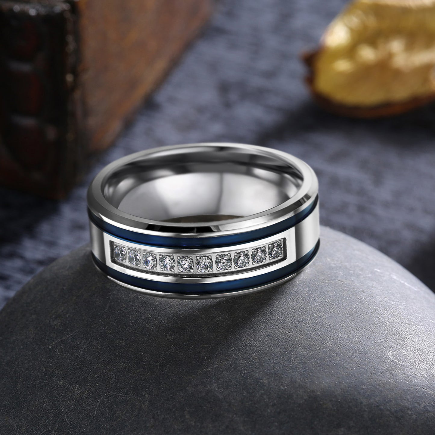 Mens Stainless Steel CZ Blue Stripes Rings for Him