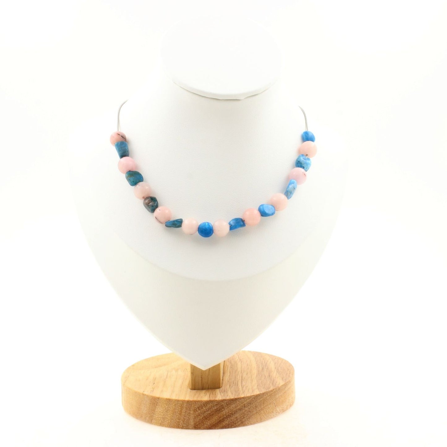 Blue Apatite from Brazil + Pink Opal 8 mm 20 beads necklace.