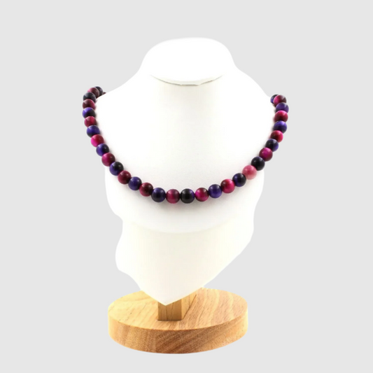 Fuchsia Tiger's Eye + Purple Tiger's Eye 8 mm beads necklace.