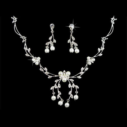 Bridal Wedding Jewelry Set Crystal Rhinestone Floral Pearl Necklace