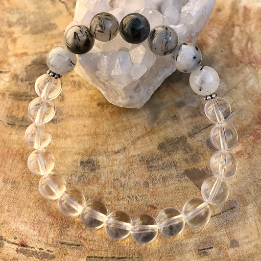 Black Tourmaline & Crystal Quartz Stretch Bracelet! Genuine Crystals!