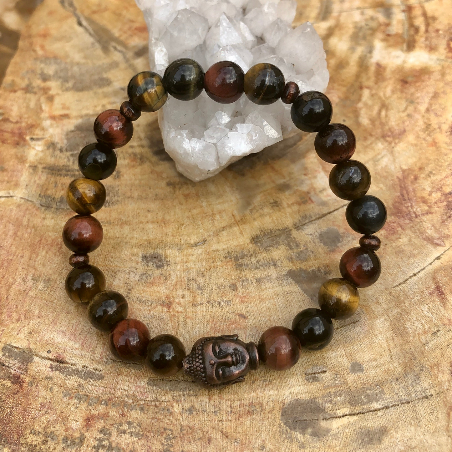 Multi Tiger Eye & Buddha Gemstone Stretch Bracelet!