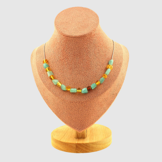 Genuine Baltic Sea Amber + Amazonite 20 beads necklace.