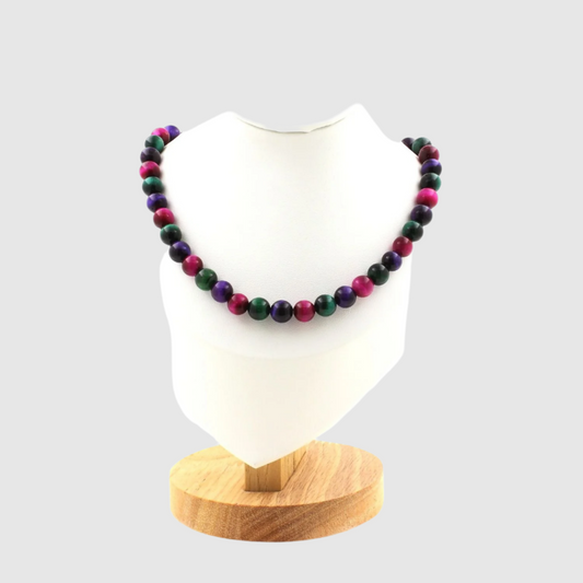 Green + Fuchsia + Purple Tiger's Eye 8 mm beads Necklace