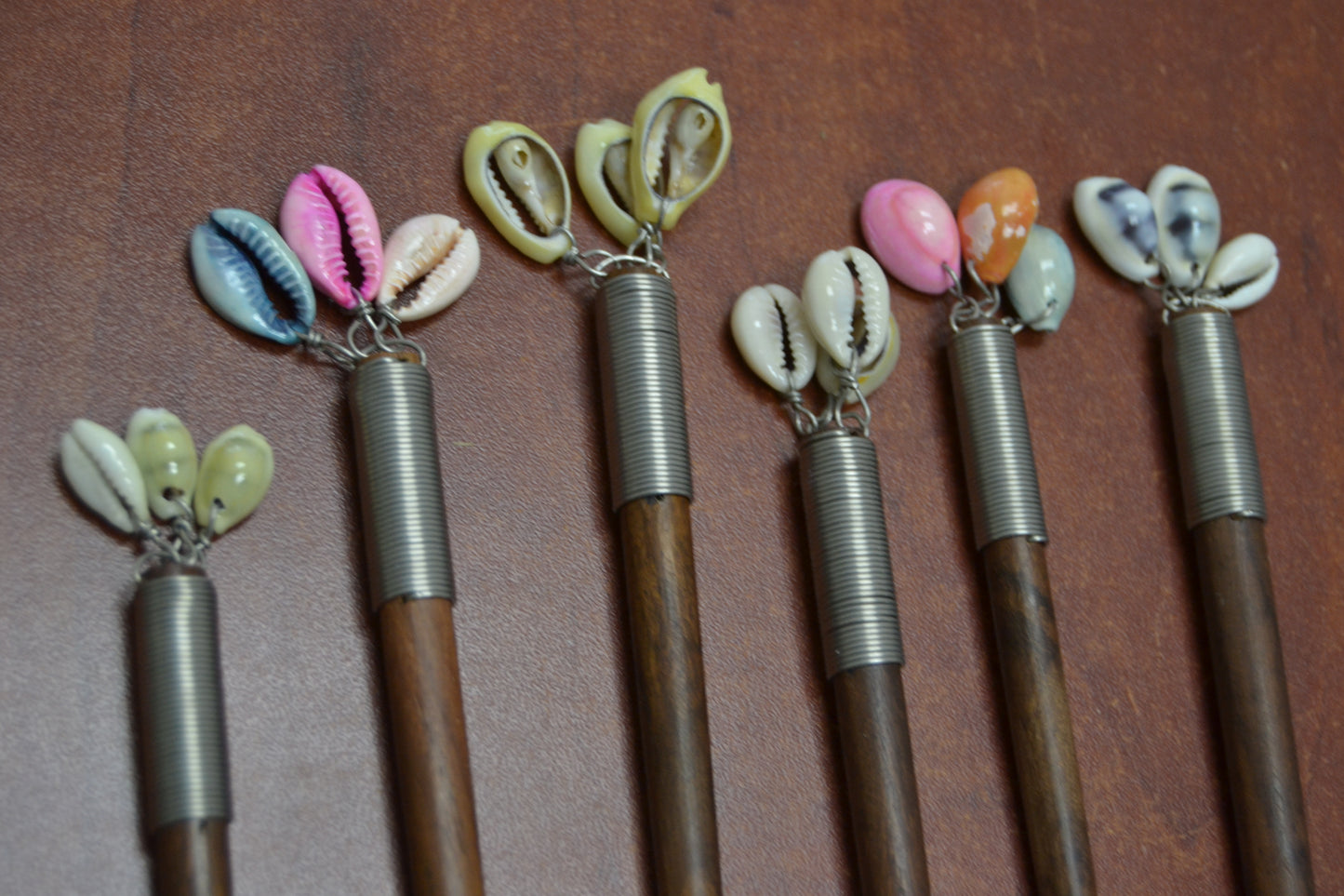 6 Pcs Handmade Assort Cowrie Shell Wood Hairsticks