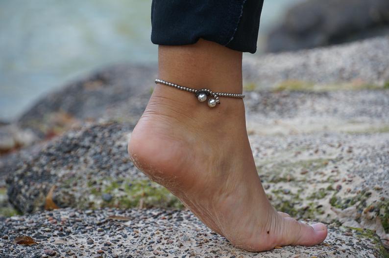 White Turtle Boho Silver Anklet