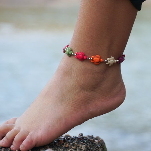 Colorful Turtle Boho Silver Anklet