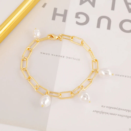 Womens Link Bracelet with Faux Pearl Detailing