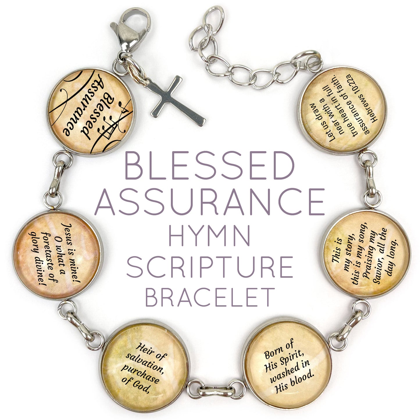 Blessed Assurance Hymn & Scripture Glass Charm Bracelet